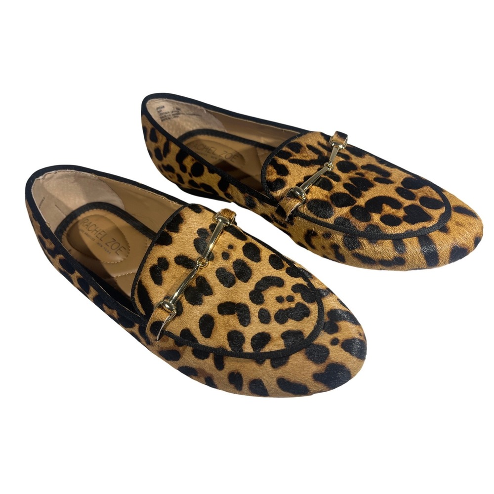Rachel Zoe Axe Loafers Women 7.5 Brown Leopard Print Calf Hair Horsebit Flats